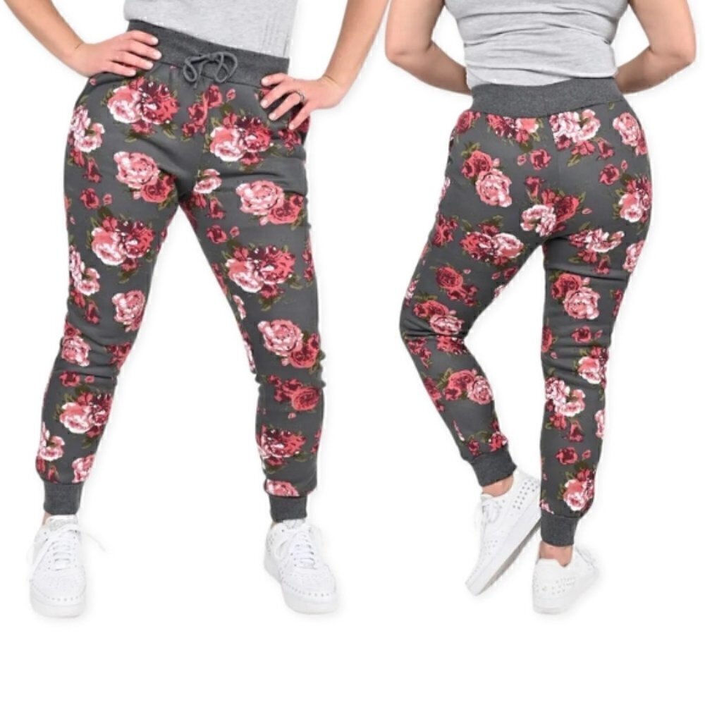 Lit26 Fleece Jogger Pants Black Pink Rose Print Large - Picture 2 of 6